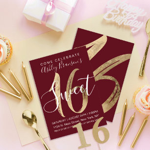 Girly Modern Gold Foil Burgundy Red Sweet 16 Invitation