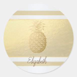 Girly Modern Gold Stripes, Gold Pineapple  Classic Round Sticker