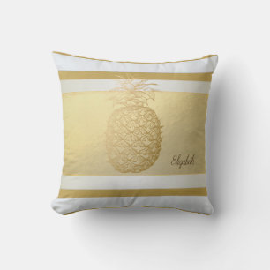 Girly Modern Gold Stripes, Gold Pineapple Cushion