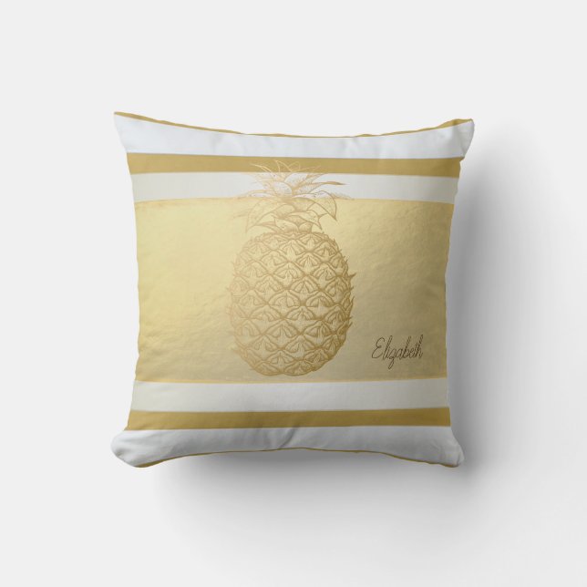 Girly Modern Gold Stripes, Gold Pineapple Cushion (Front)