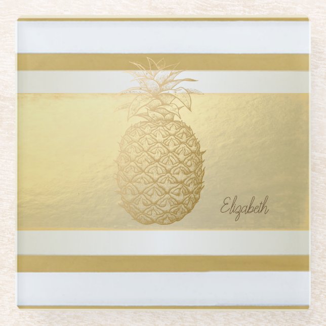 Girly Modern Gold Stripes, Gold Pineapple  Glass Coaster (Front)