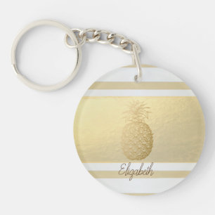 Girly Modern Gold Stripes, Gold Pineapple Key Ring