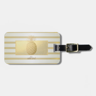 Girly Modern Gold Stripes, Gold Pineapple  Luggage Tag