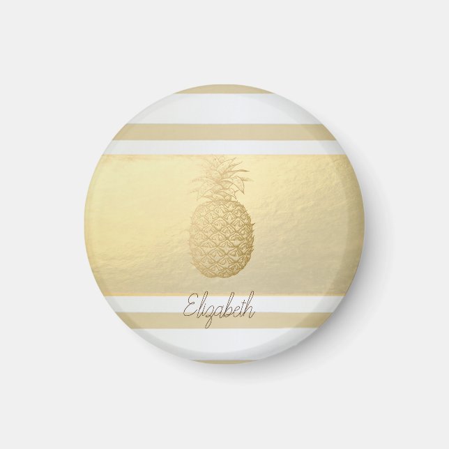 Girly Modern Gold Stripes, Gold Pineapple   Magnet (Front)