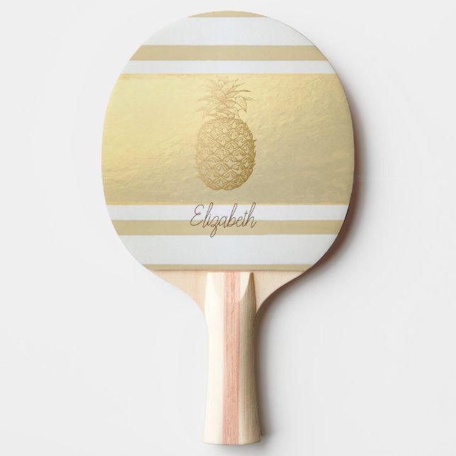 Girly Modern Gold Stripes, Gold Pineapple Ping Pong Paddle (Front)