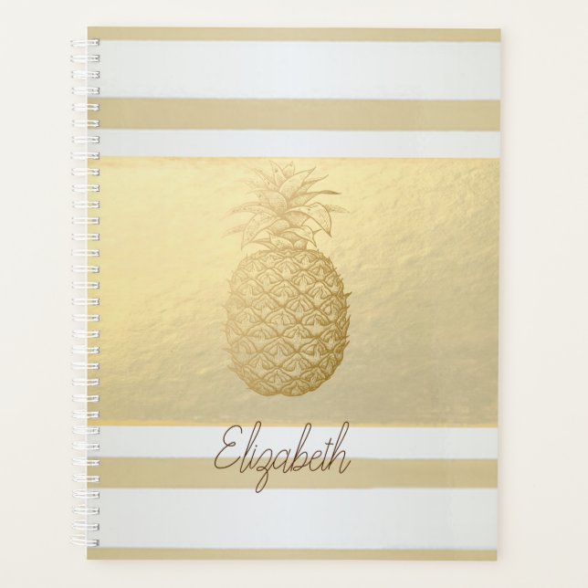 Girly Modern Gold Stripes, Gold Pineapple Planner (Front)