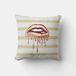 Girly Modern Gold Stripes, Metallic Dripping Lips  Cushion