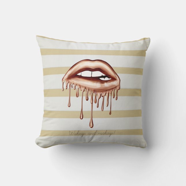 Girly Modern Gold Stripes, Metallic Dripping Lips  Cushion (Front)
