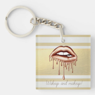 Girly Modern Gold Stripes, Metallic Dripping Lips Key Ring