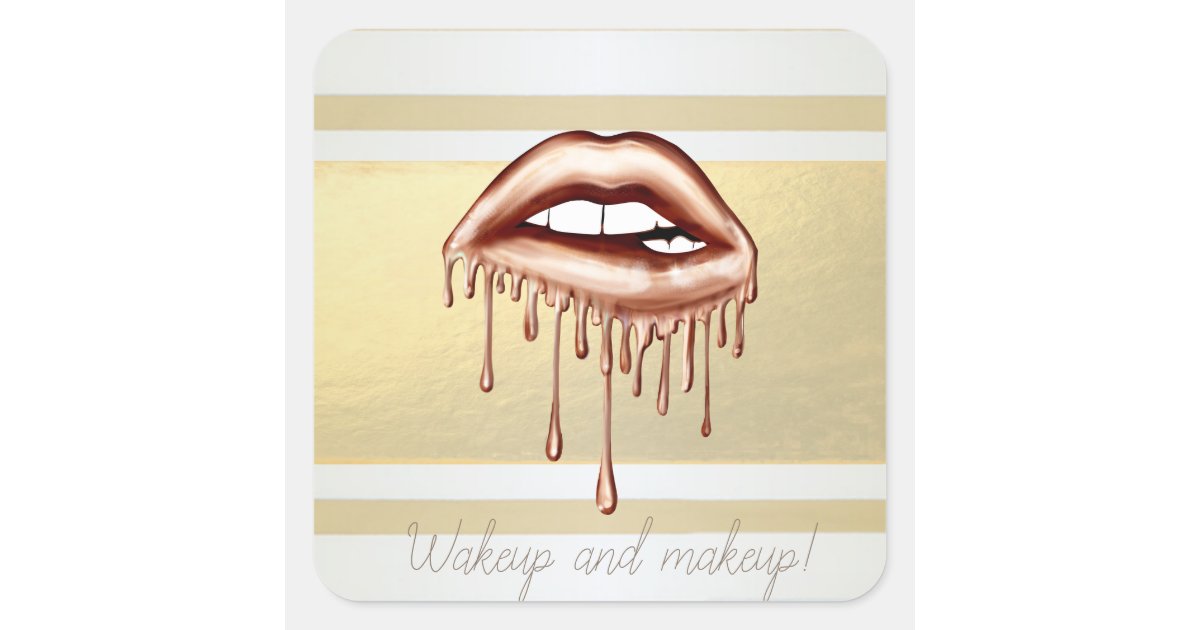 Girly Modern Gold Stripes, Metallic Dripping Lips Square Sticker | Zazzle