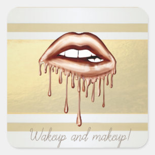 Girly Modern Gold Stripes, Metallic Dripping Lips  Square Sticker