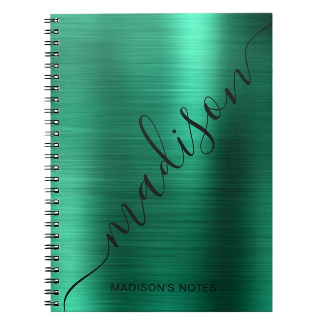 Girly Modern Green Metal Monogram Signature Notebook (Front)