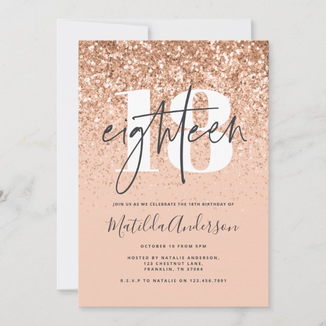 Girly modern peach glitter typography 18 birthday (Front)