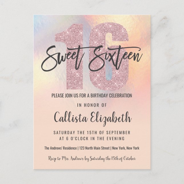 Girly Modern Peach Iridescent Foil Ombre Sweet 16 Invitation Postcard (Front)