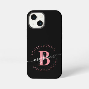 Girly Modern Pink Black Name Script Monogrammed iPhone 13 Mini Case