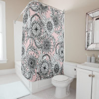 Girly Modern Pink Black White Floral Drawings