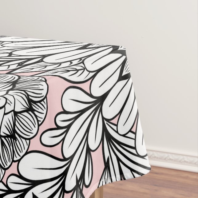 Girly Modern Pink Black White Floral Drawings Tablecloth (In Situ)