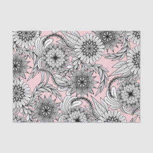 Girly Modern Pink Black White Floral Drawings Tissue Paper