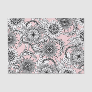 Girly Modern Pink Black White Floral Drawings Tissue Paper