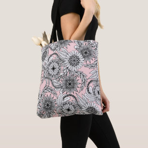 Girly Modern Pink Black White Floral Drawings Tote Bag
