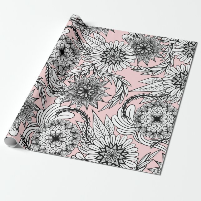 Girly Modern Pink Black White Floral Drawings Wrapping Paper (Unrolled)
