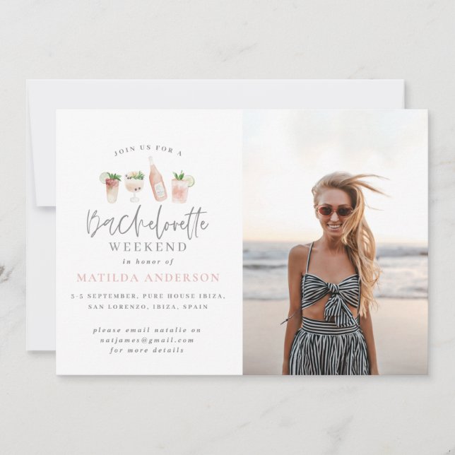 Girly modern pink chic bachelorette weekend announcement (Front)