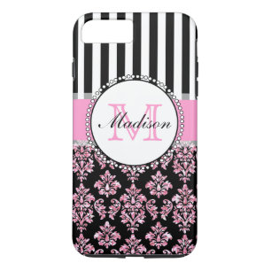 Girly Modern Pink Glitter Damask Personalised iPhone 8 Plus/7 Plus Case