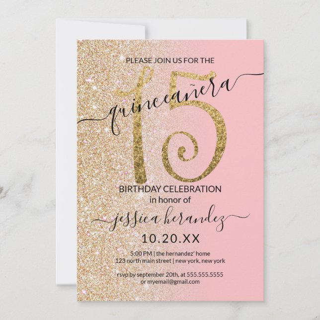 Girly Modern Pink Gold Glitter Ombre Quinceañera Invitation (Front)