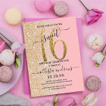 Girly Modern Pink Gold Glitter Ombre Sweet 16 Invitation<br><div class="desc">This girly and chic sweet sixteen birthday party invitation is perfect for your young teenage daughter's special day. It features a faux printed sparkly gold glitter large, "16, " on top of a simple charm pink and faux gold glitter sideways gradient ombre background. It's simple, unique, modern, pretty, and elegant!...</div>