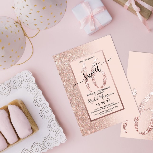 Girly Modern Pink Rose Gold Glitter Ombre Sweet 16 Invitation (Creator Uploaded)
