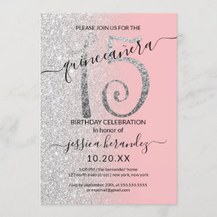 Girly Modern Pink Silver Glitter Ombre Quinceañera Invitation