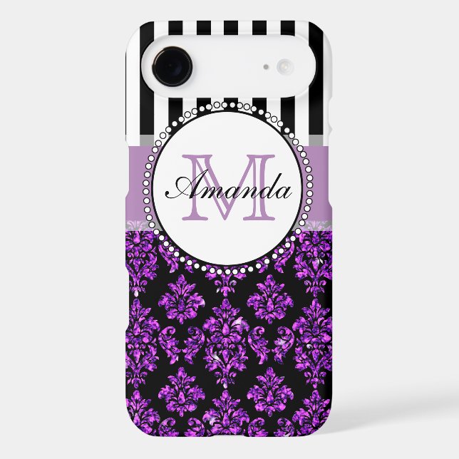 Girly Modern Purple Glitter Damask Personalised Case-Mate iPhone Case (Back)