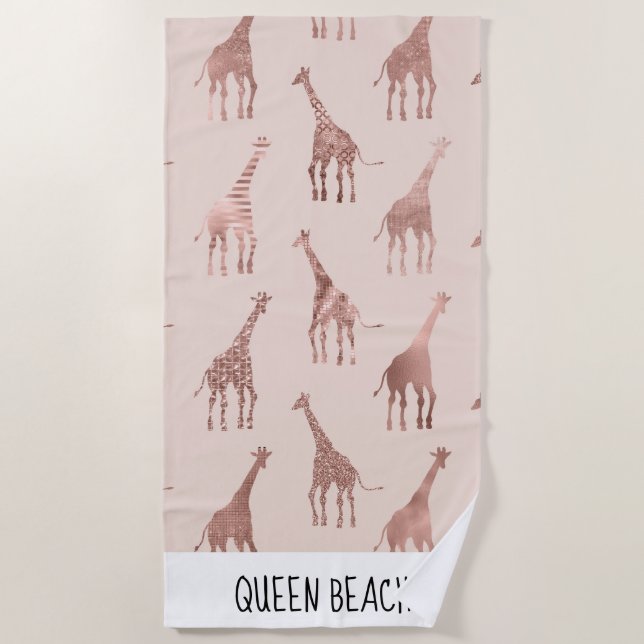 Girly Modern Rose Gold Blush Pink Giraffes Beach Towel (Front)