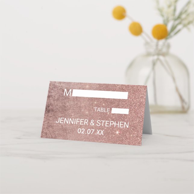 Girly Modern Rose Gold Glitter Foil Place Cards (Front)