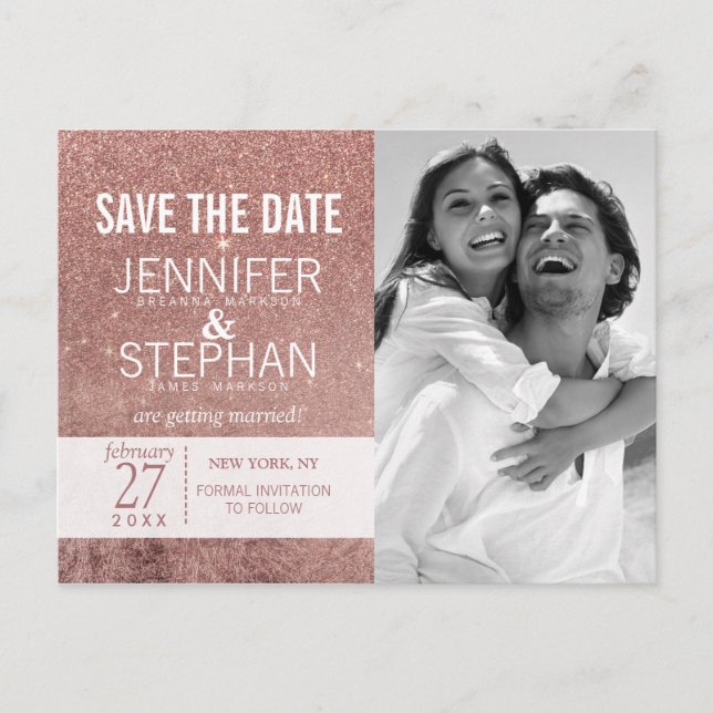 Girly Modern Rose Gold Glitter Foil Save the Date Announcement Postcard (Front)
