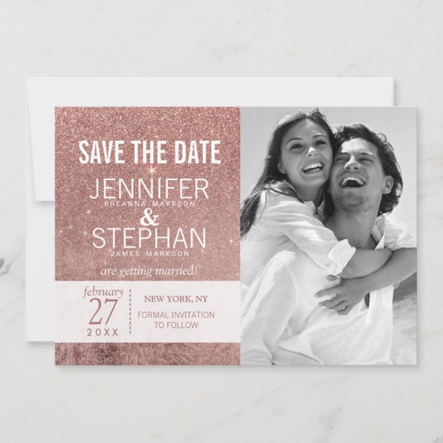 Girly Modern Rose Gold Glitter Foil Save the Dates Date (Front)