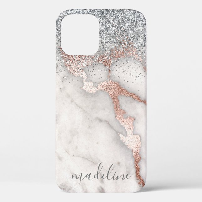 Girly  Modern Rose Gold Marble Blush Glitter Name  Case-Mate iPhone Case (Back)