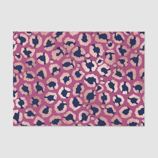 Girly Modern Rose Gold Navy Purple Leopard Print Tissue Paper (Front)