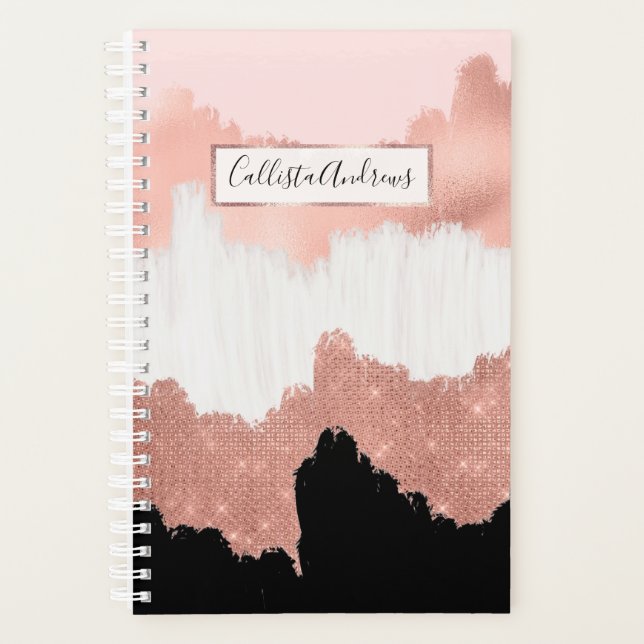 Girly Modern Rose Gold Pink Glitter Brushstroke Planner (Front)