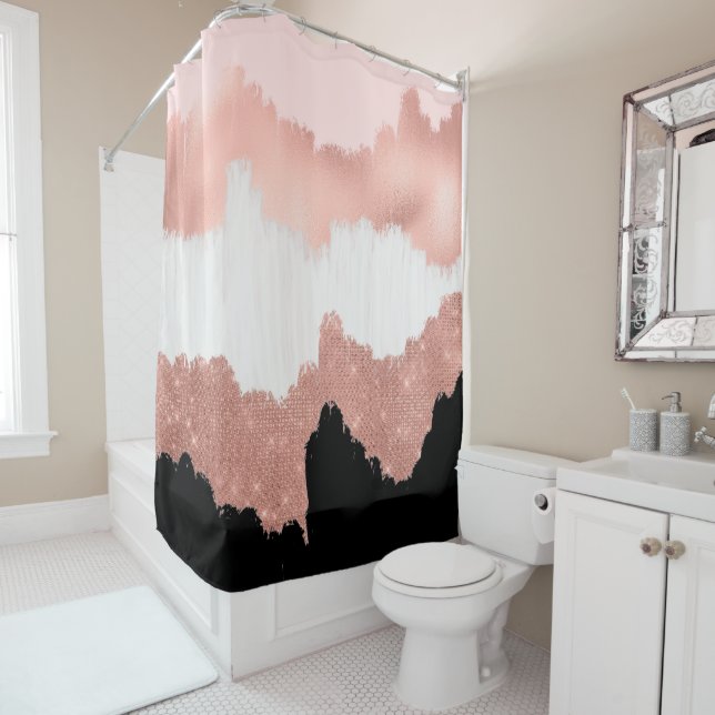 Girly Modern Rose Gold Pink Glitter Brushstroke Shower Curtain (In Situ)