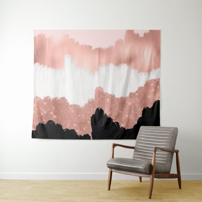 Girly Modern Rose Gold Pink Glitter Brushstroke Tapestry (In Situ (Horizontal))
