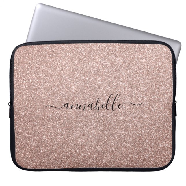 Girly Modern Script Pink Rose Gold Glitter Sparkle Laptop Sleeve (Front)