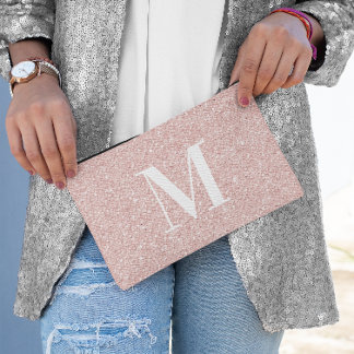 Girly Modern Serif Monogrammed Rose Gold Glitter Accessory Pouch