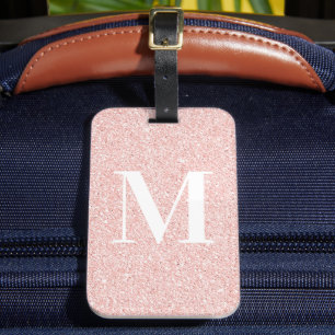 Girly Modern Serif Monogrammed Rose Gold Glitter Luggage Tag