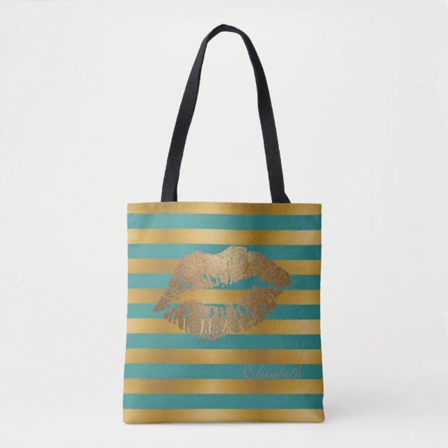 Girly Modern  Stripes,Glittery Lips,Personalised Tote Bag (Front)
