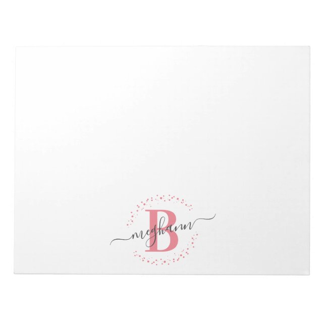Girly Modern White Pink Name Script Monogrammed Notepad (Front)