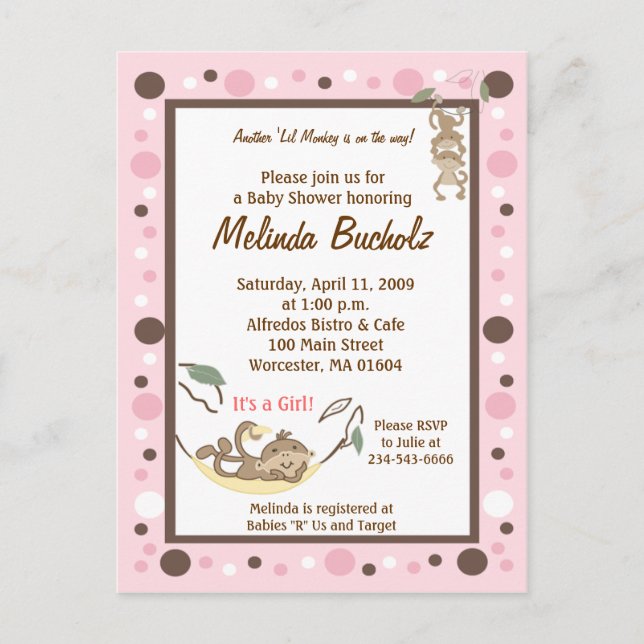 Girly Monkey Business Pink Brown Invitation Postcard (Front)