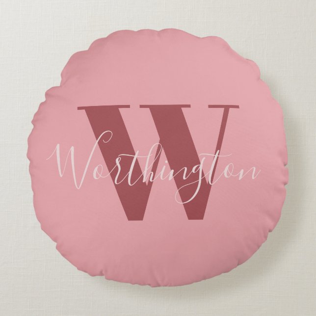 Girly Monogram and Name pink blush red Round Cushion (Front)