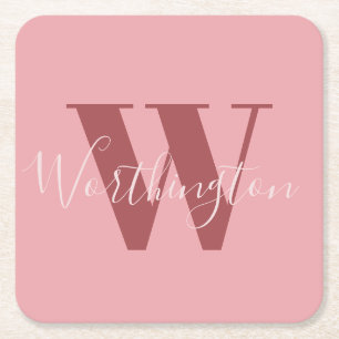 Girly Monogram and Name pink blush red Square Paper Coaster