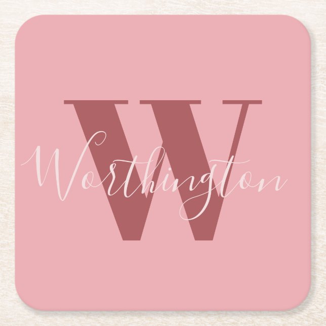 Girly Monogram and Name pink blush red Square Paper Coaster (Front)